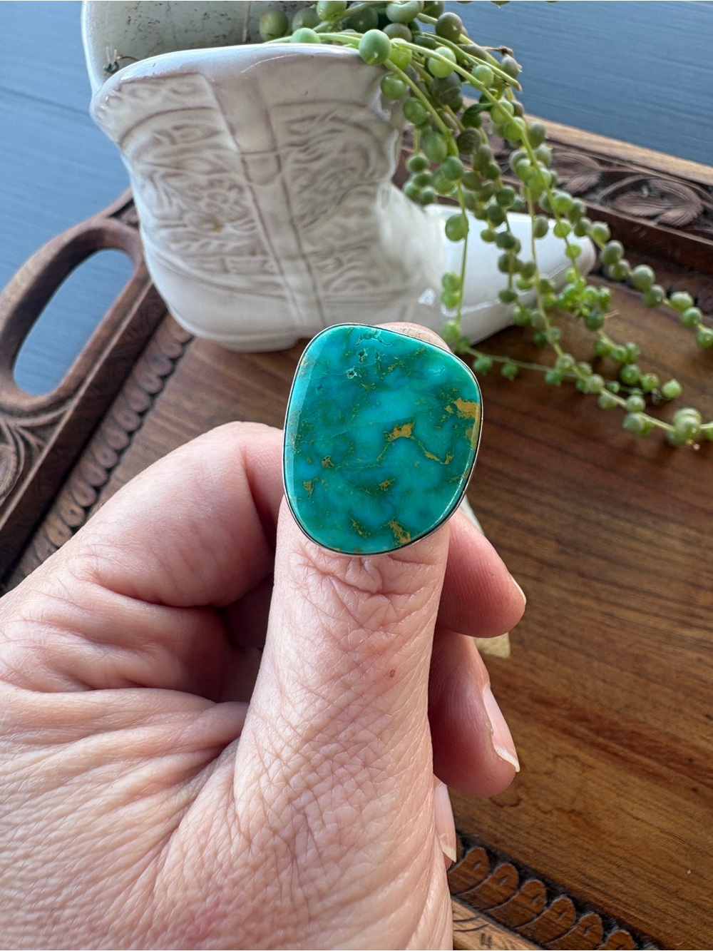 Juan Willie Turquoise Sterling Silver Wide Band Statement Ring Size 7.5 8